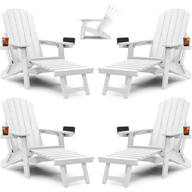 WINSOON All Weather HIPS Folding Adirondack Chair 5-Gear Adjustable Backrest Chairs with Retractable Ottoman Set of 4