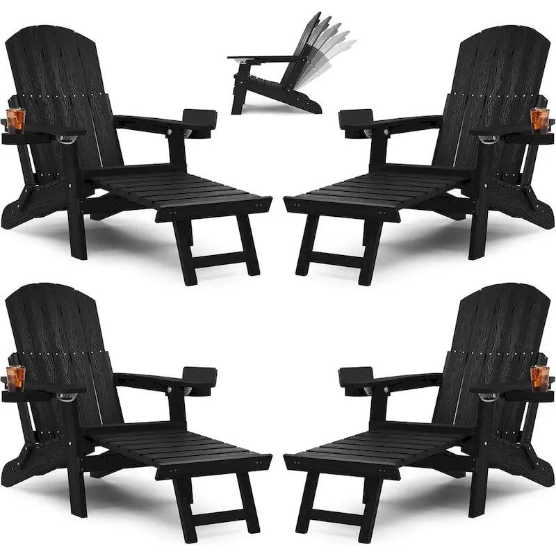 WINSOON All Weather HIPS Folding Adirondack Chair 5-Gear Adjustable Backrest Chairs with Retractable Ottoman Set of 4