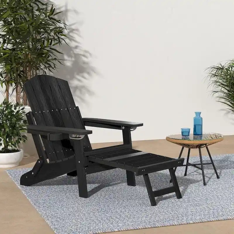 WINSOON All Weather HIPS Folding Adirondack Chair 5-Gear Adjustable Backrest Chairs with Retractable Ottoman Set of 4