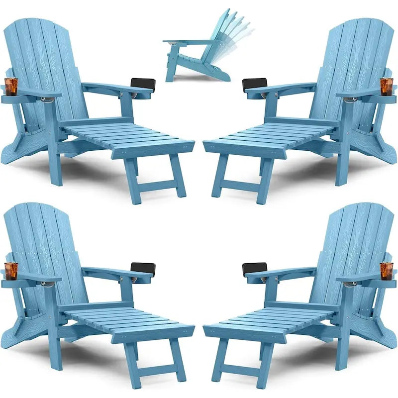 WINSOON All Weather HIPS Folding Adirondack Chair 5-Gear Adjustable Backrest Chairs with Retractable Ottoman Set of 4