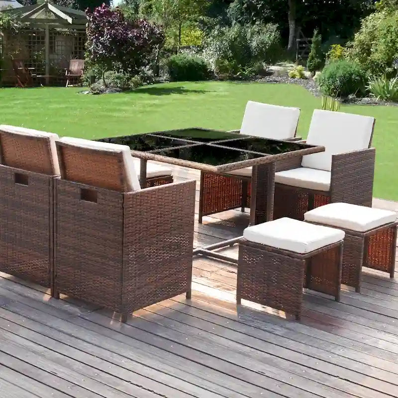 Homall 9 Pieces Patio Dining Sets Outdoor Space Saving Rattan Chairs with Glass Table Sectional Conversation Set with Cushions