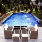 Homall 9 Pieces Patio Dining Sets Outdoor Space Saving Rattan Chairs with Glass Table Sectional Conversation Set with Cushions