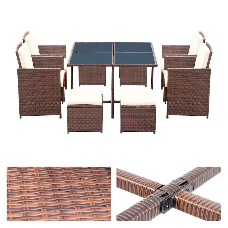 Homall 9 Pieces Patio Dining Sets Outdoor Space Saving Rattan Chairs with Glass Table Sectional Conversation Set with Cushions