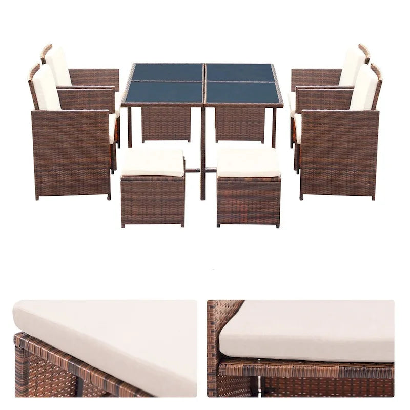 Homall 9 Pieces Patio Dining Sets Outdoor Space Saving Rattan Chairs with Glass Table Sectional Conversation Set with Cushions