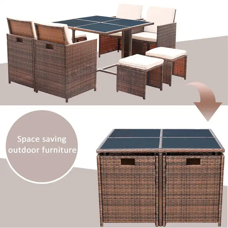 Homall 9 Pieces Patio Dining Sets Outdoor Space Saving Rattan Chairs with Glass Table Sectional Conversation Set with Cushions
