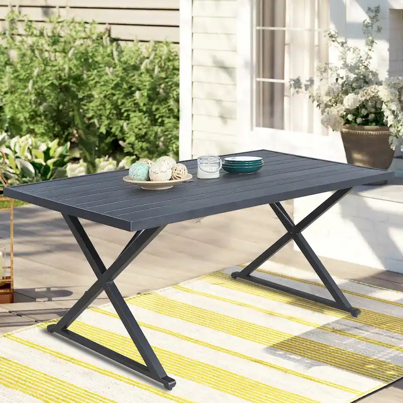 Patio Rectangle Dining Table with Umbrella Hole for Garden, Lawn, Deck
