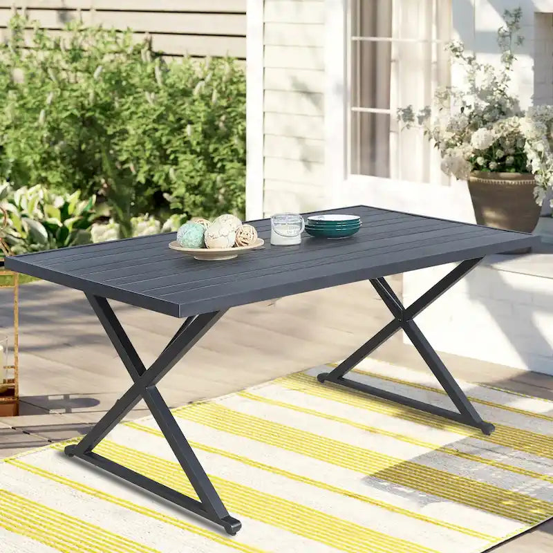 Patio Rectangle Dining Table with Umbrella Hole for Garden, Lawn, Deck