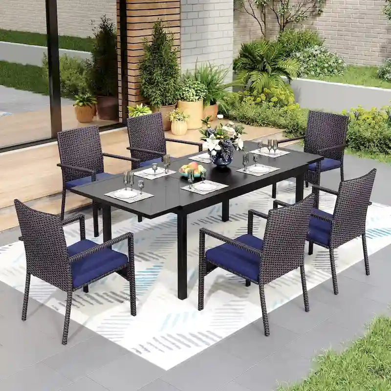 MAISON ARTS 7/9-piece Patio Dining Set, Expendable Rectangular Outdoor Dining Table with Rattan Chairs