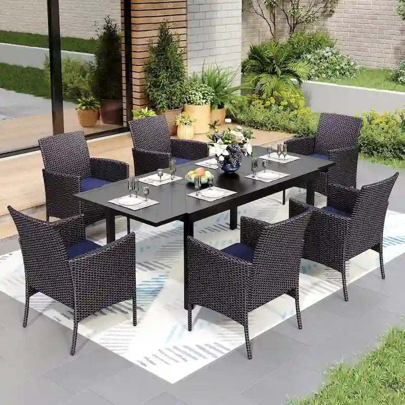 MAISON ARTS 7/9-piece Patio Dining Set, Expendable Rectangular Outdoor Dining Table with Rattan Chairs