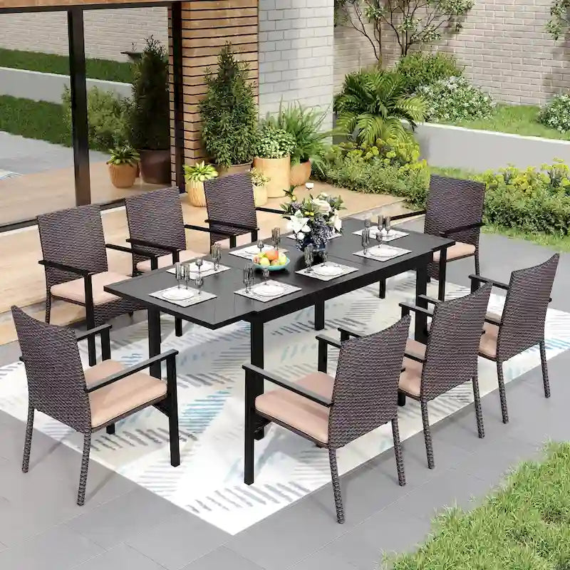 MAISON ARTS 7/9-piece Patio Dining Set, Expendable Rectangular Outdoor Dining Table with Rattan Chairs