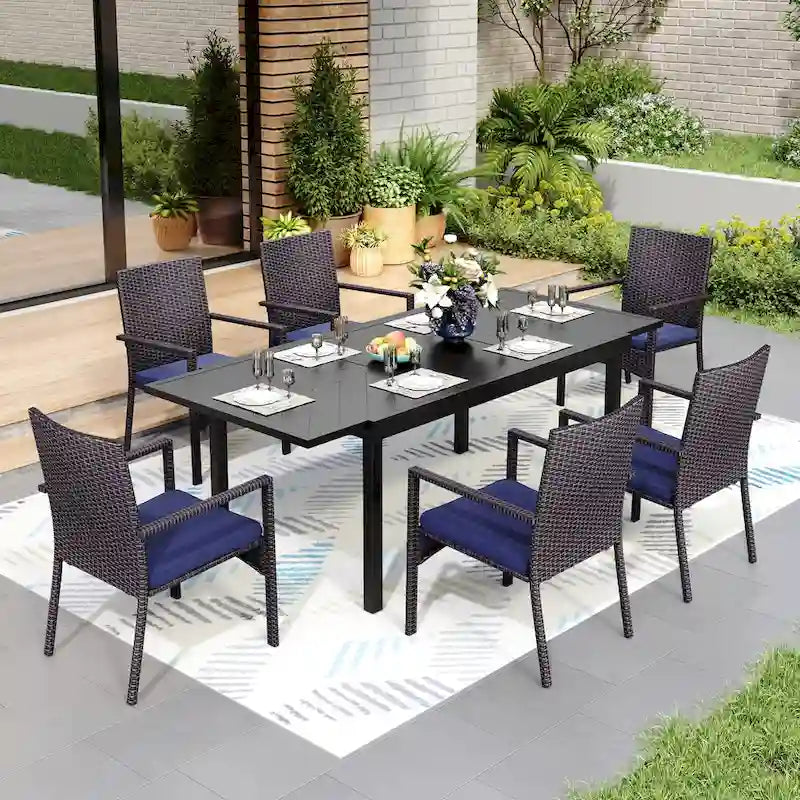 MAISON ARTS 7/9-piece Patio Dining Set, Expendable Rectangular Outdoor Dining Table with Rattan Chairs