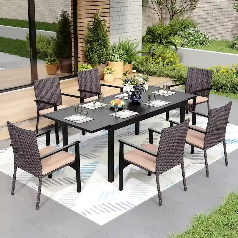 MAISON ARTS 7/9-piece Patio Dining Set, Expendable Rectangular Outdoor Dining Table with Rattan Chairs