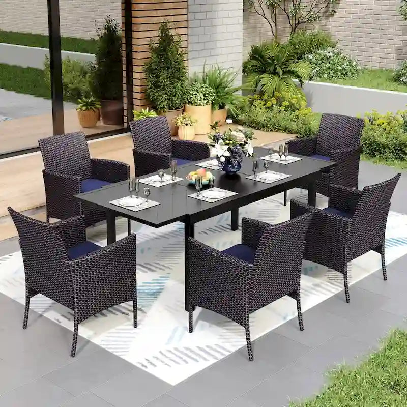 MAISON ARTS 7/9-piece Patio Dining Set, Expendable Rectangular Outdoor Dining Table with Rattan Chairs