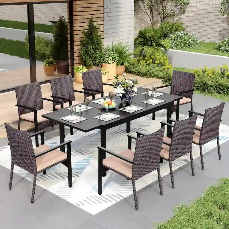 MAISON ARTS 7/9-piece Patio Dining Set, Expendable Rectangular Outdoor Dining Table with Rattan Chairs