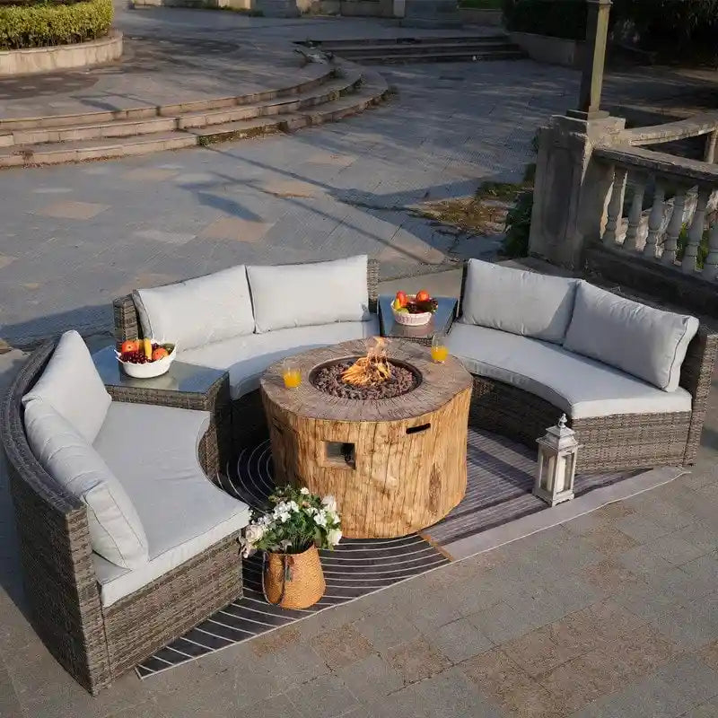 9-piece Halfmoon Patio Sectional Sofa Set with Fire Pit Table