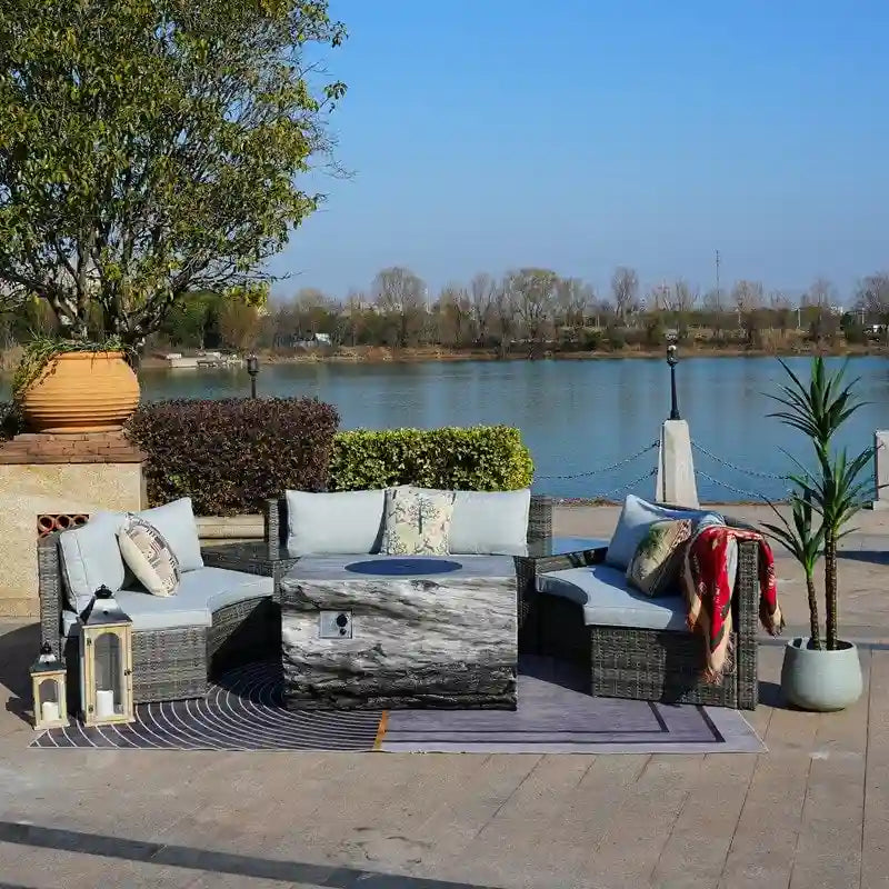 9-piece Halfmoon Patio Sectional Sofa Set with Fire Pit Table