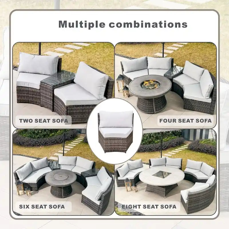 9-piece Halfmoon Patio Sectional Sofa Set with Fire Pit Table