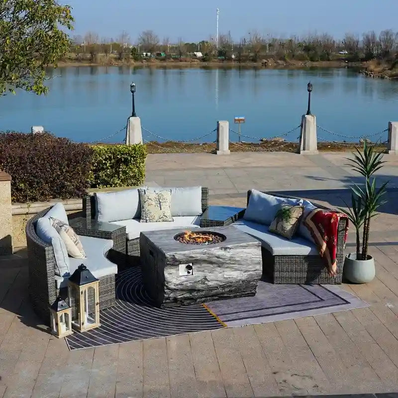 9-piece Halfmoon Patio Sectional Sofa Set with Fire Pit Table