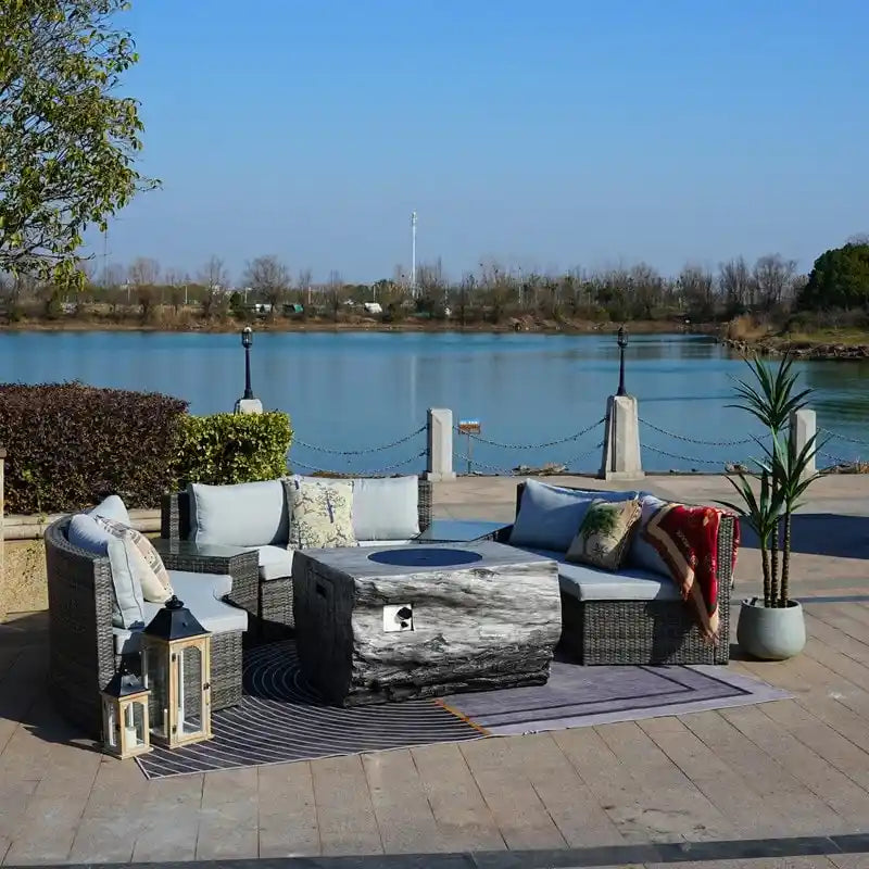 9-piece Halfmoon Patio Sectional Sofa Set with Fire Pit Table