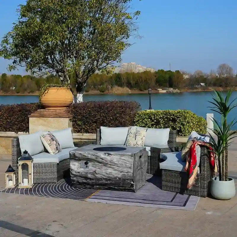 9-piece Halfmoon Patio Sectional Sofa Set with Fire Pit Table