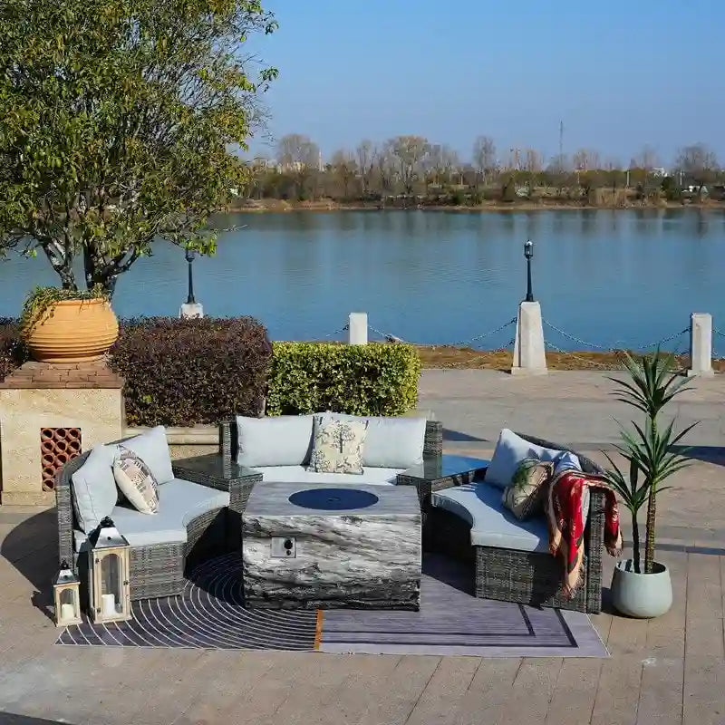 9-piece Halfmoon Patio Sectional Sofa Set with Fire Pit Table