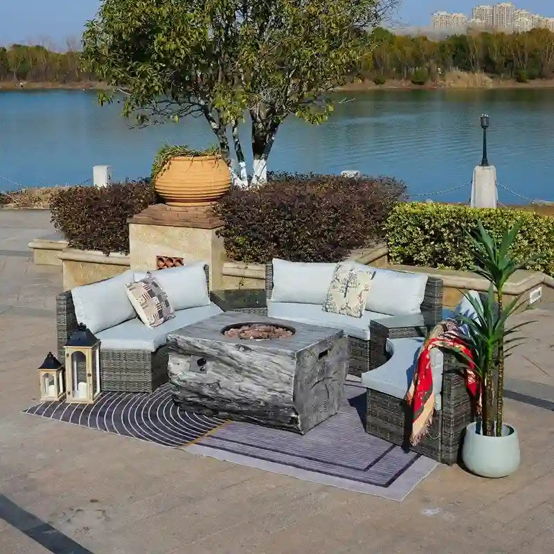 9-piece Halfmoon Patio Sectional Sofa Set with Fire Pit Table