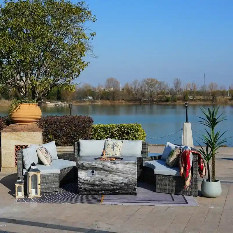 9-piece Halfmoon Patio Sectional Sofa Set with Fire Pit Table