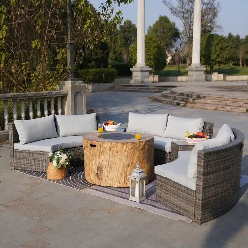 9-piece Halfmoon Patio Sectional Sofa Set with Fire Pit Table