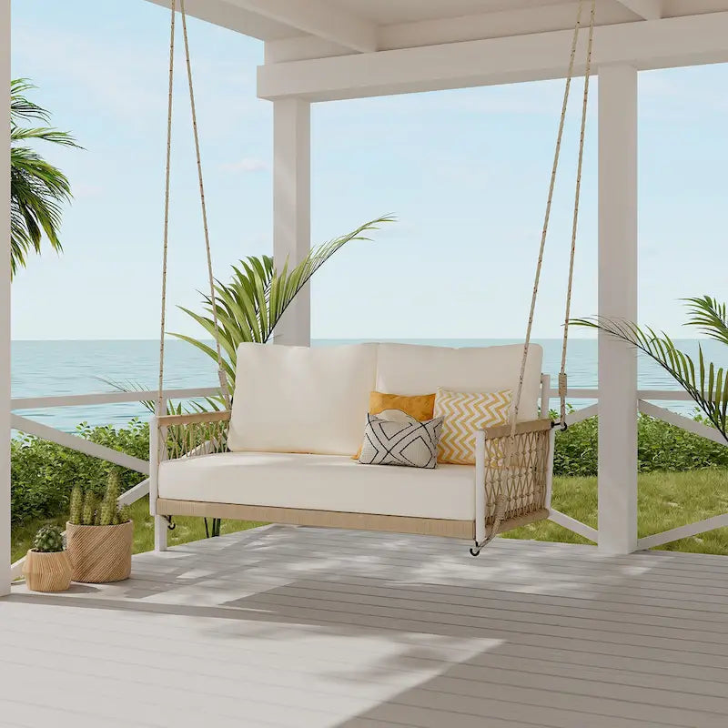 1-Piece Woven Rope Outdoor Swing Sofa with Soft Cushions Seating 2 for Patio, Courtyard and Balcony