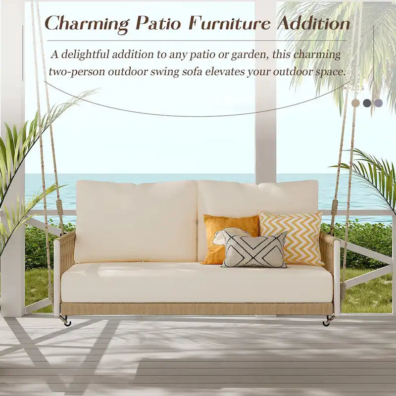 1-Piece Woven Rope Outdoor Swing Sofa with Soft Cushions Seating 2 for Patio, Courtyard and Balcony