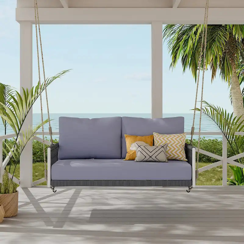 1-Piece Woven Rope Outdoor Swing Sofa with Soft Cushions Seating 2 for Patio, Courtyard and Balcony