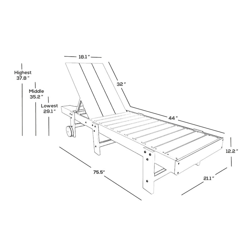 Polytrends Shoreside Modern Poly Eco-Friendly All Weather Reclining Chaise Lounge With Wheels