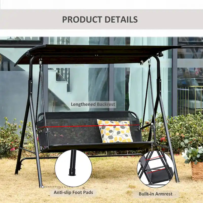 Outsunny Patio Swing Chair with Canopy, Seats 2 Adults Loveseat Bench with Adjustable Tilt Canopy, Armrests, A-Frame Steel