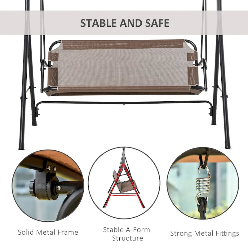 Outsunny Patio Swing Chair with Canopy, Seats 2 Adults Loveseat Bench with Adjustable Tilt Canopy, Armrests, A-Frame Steel