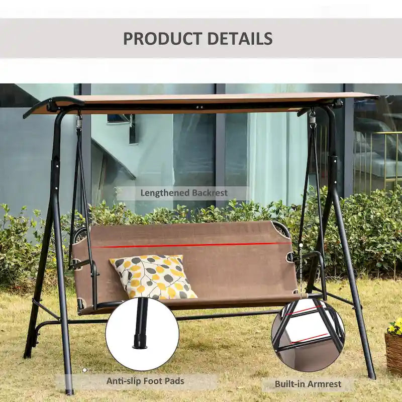 Outsunny Patio Swing Chair with Canopy, Seats 2 Adults Loveseat Bench with Adjustable Tilt Canopy, Armrests, A-Frame Steel