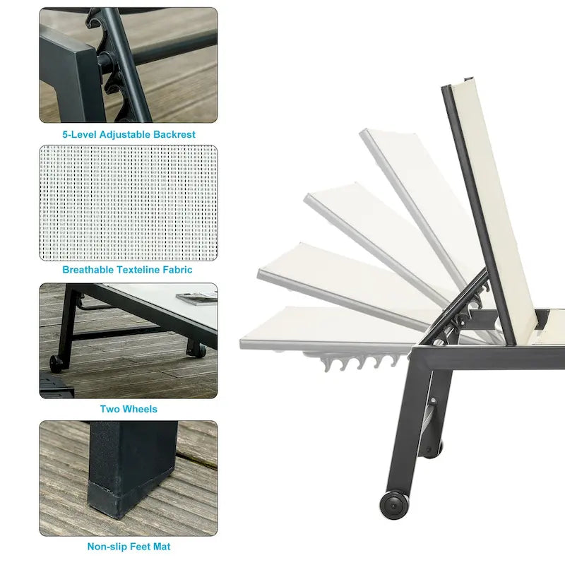 Outsunny Patio Garden Sun Chaise Lounge Chair with 5-Position Backrest, 2 Back Wheels, & Industrial Design