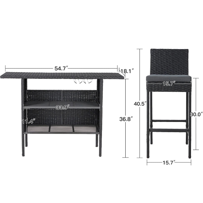 AVAWING 3PCS Patio Bar Set Outdoor Rattan Bar Set with Removable Cushion