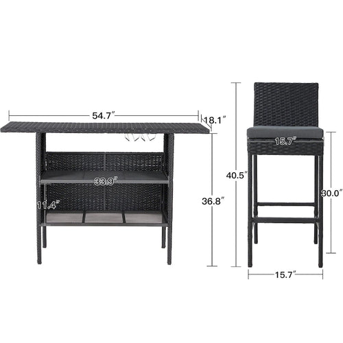 AVAWING 3PCS Patio Bar Set Outdoor Rattan Bar Set with Removable Cushion