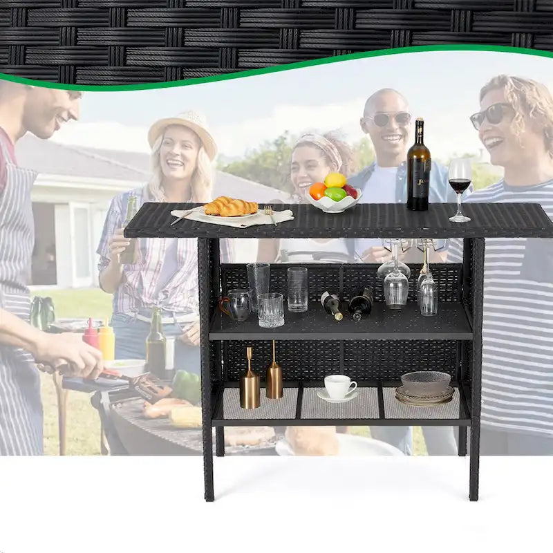 AVAWING 3PCS Patio Bar Set Outdoor Rattan Bar Set with Removable Cushion