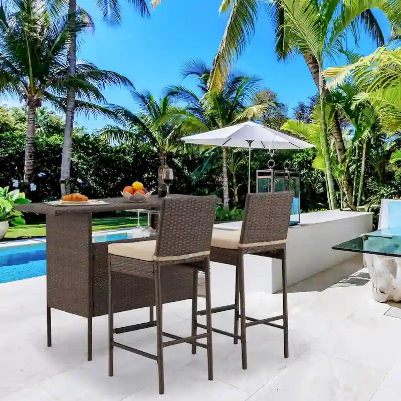 AVAWING 3PCS Patio Bar Set Outdoor Rattan Bar Set with Removable Cushion