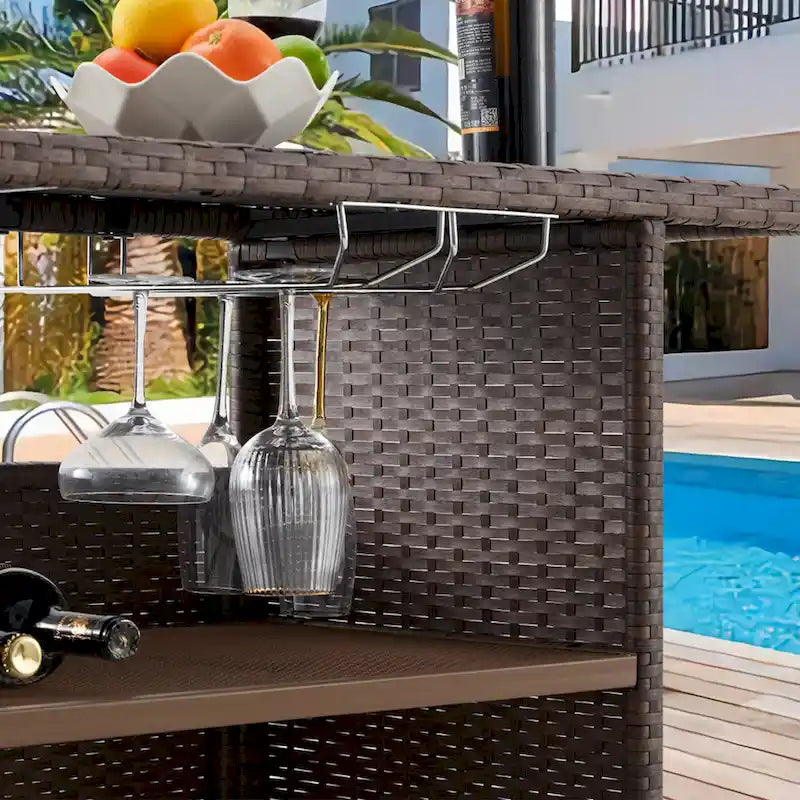 AVAWING 3PCS Patio Bar Set Outdoor Rattan Bar Set with Removable Cushion