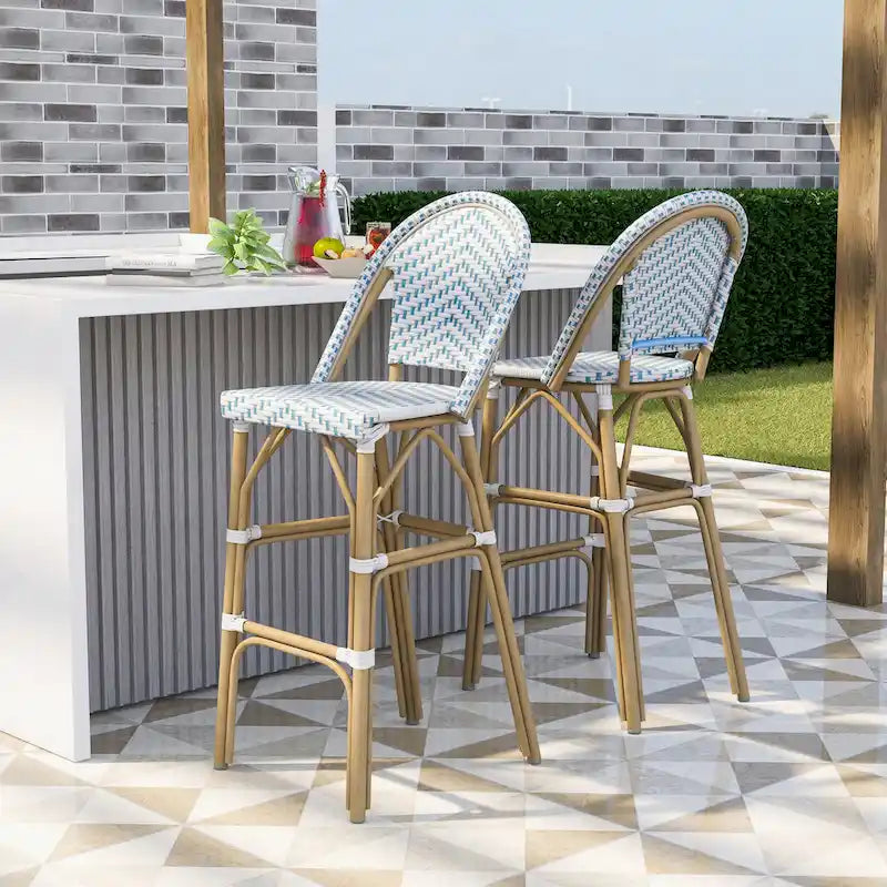 Ariel French Natural Tone 30-inch PE Wicker Patio Bar Chairs (Set of 2) by Furniture of America - Set of 2