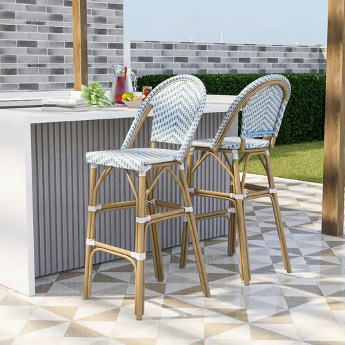Ariel French Natural Tone 30-inch PE Wicker Patio Bar Chairs (Set of 2) by Furniture of America - Set of 2