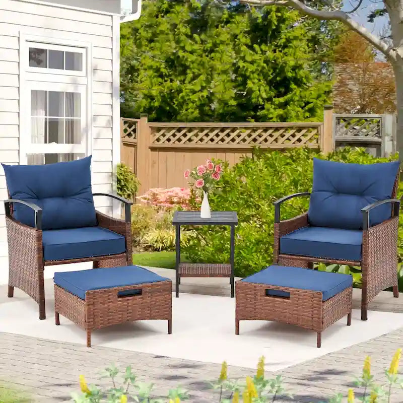 AVAWING 5-Piece Patio Furniture Set Wicker Conversation Set with Coffee Table and Ottoman