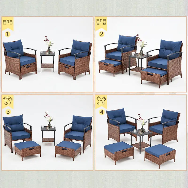 AVAWING 5-Piece Patio Furniture Set Wicker Conversation Set with Coffee Table and Ottoman