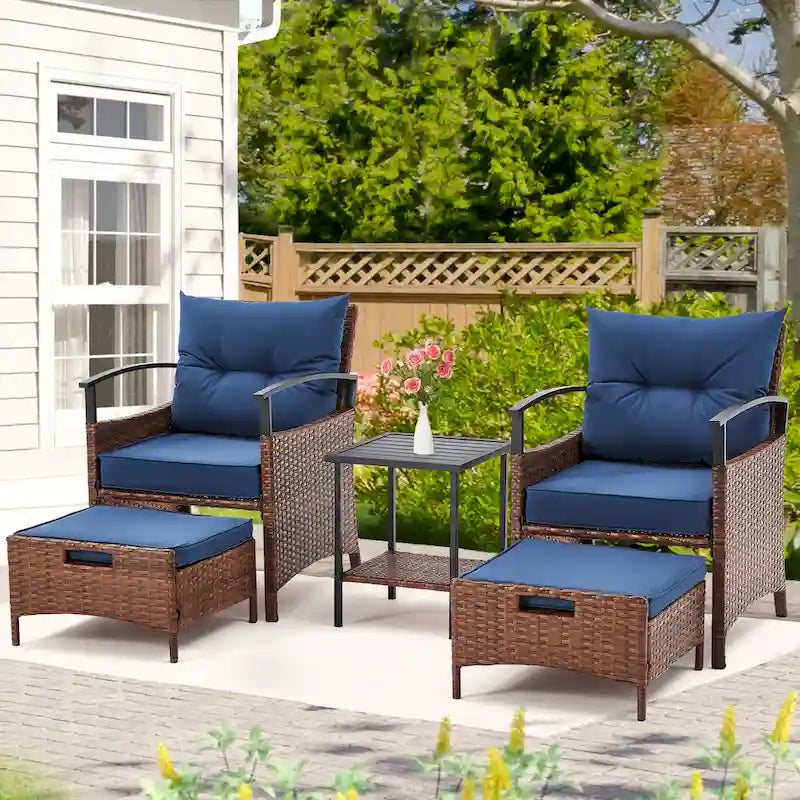 AVAWING 5-Piece Patio Furniture Set Wicker Conversation Set with Coffee Table and Ottoman