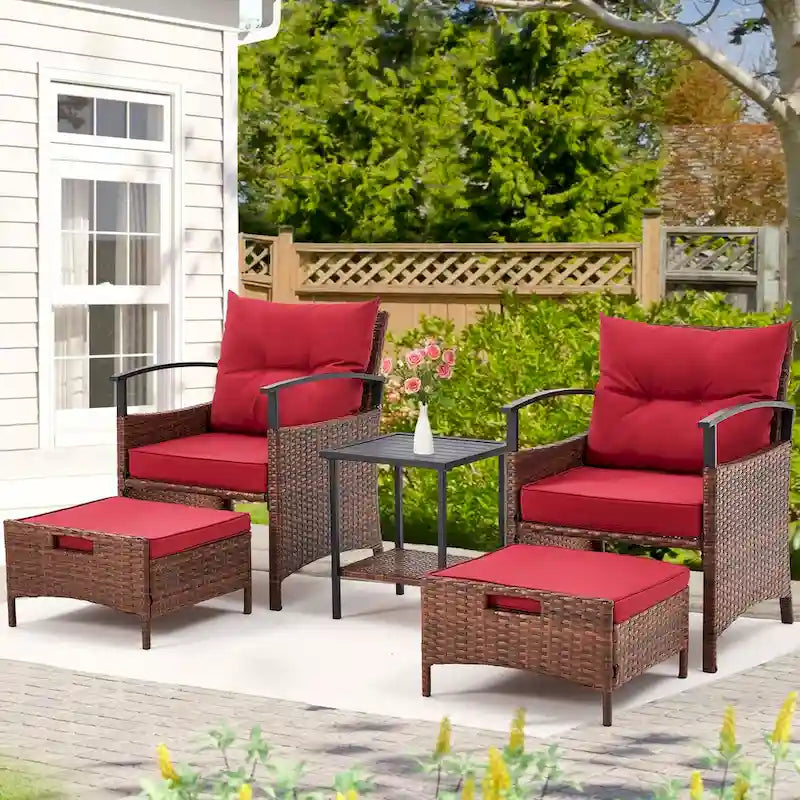 AVAWING 5-Piece Patio Furniture Set Wicker Conversation Set with Coffee Table and Ottoman