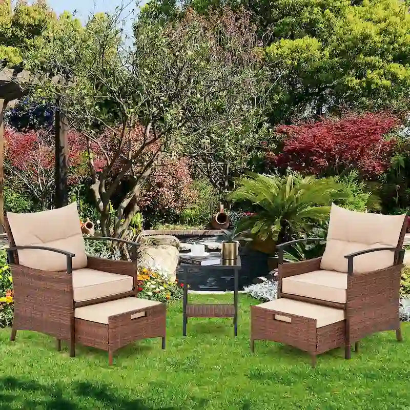 AVAWING 5-Piece Patio Furniture Set Wicker Conversation Set with Coffee Table and Ottoman