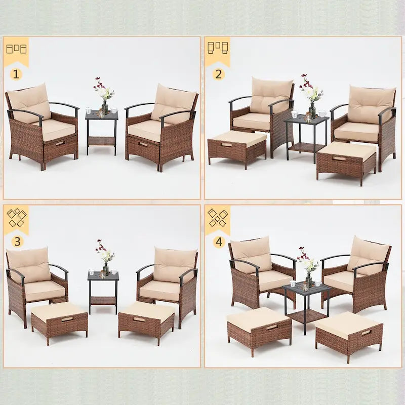 AVAWING 5-Piece Patio Furniture Set Wicker Conversation Set with Coffee Table and Ottoman