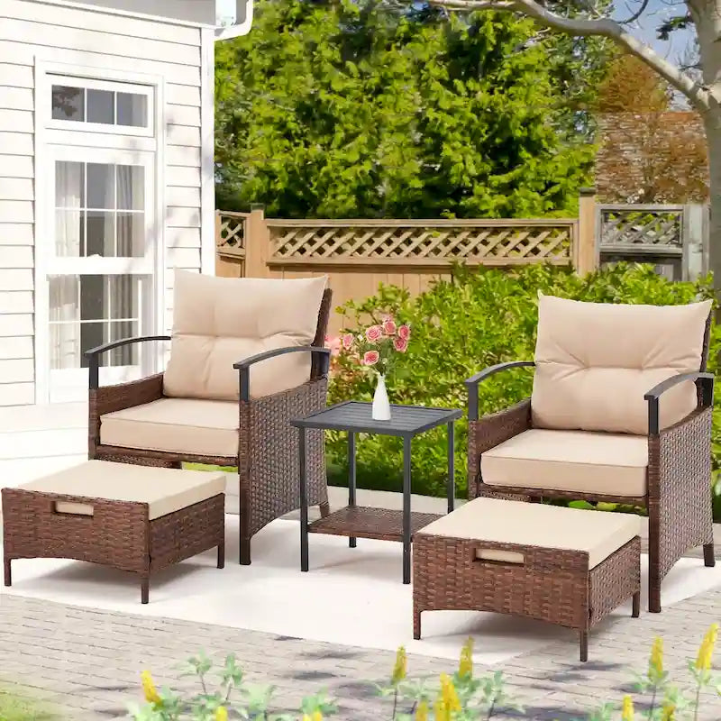 AVAWING 5-Piece Patio Furniture Set Wicker Conversation Set with Coffee Table and Ottoman